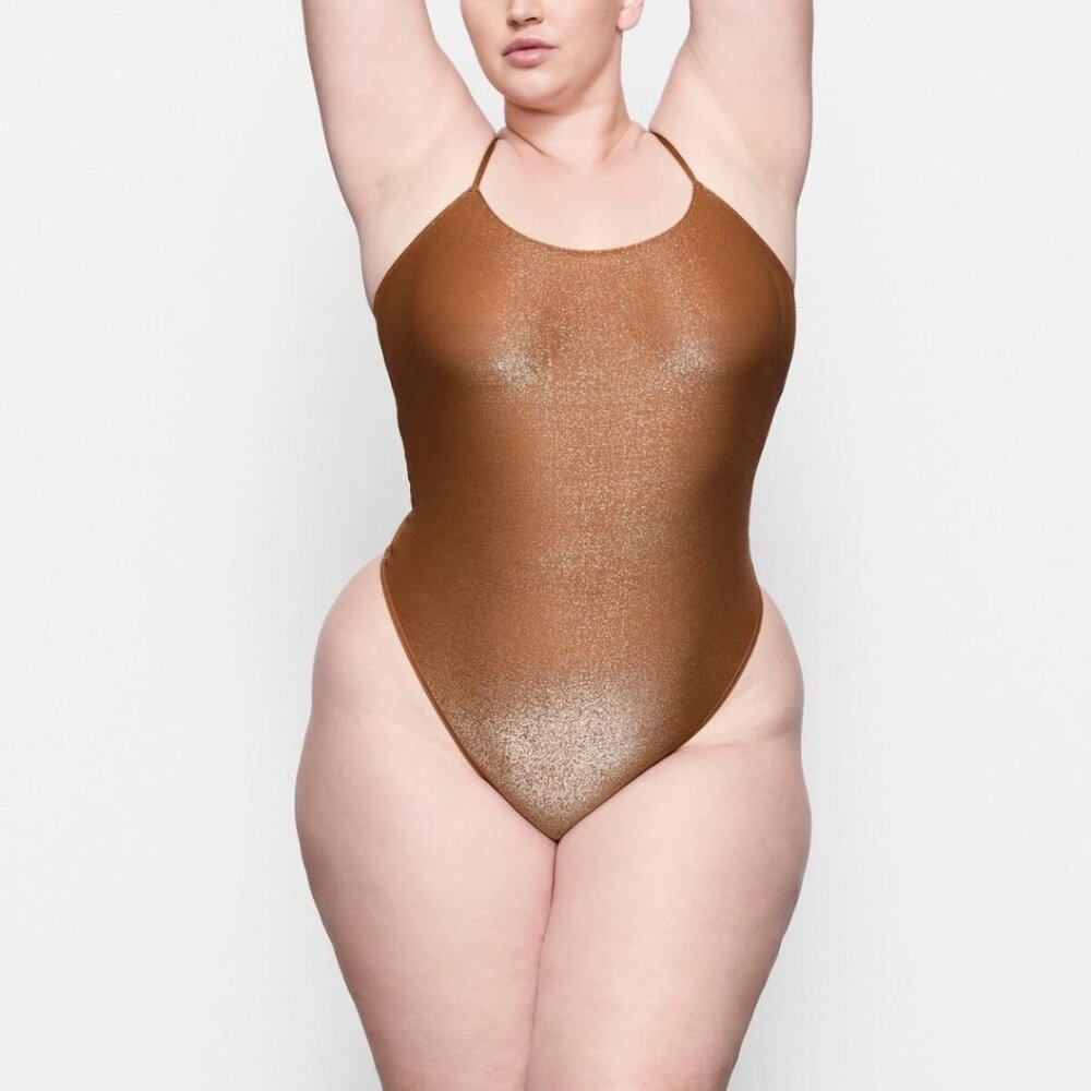 NWT SKIMS Shimmer Cami Thong Copper High Cut Bodysuit Shapewear Metallic Glam